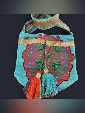 Teiruma Handwoven Turquoise & Pink Tassel Shoulder Bag